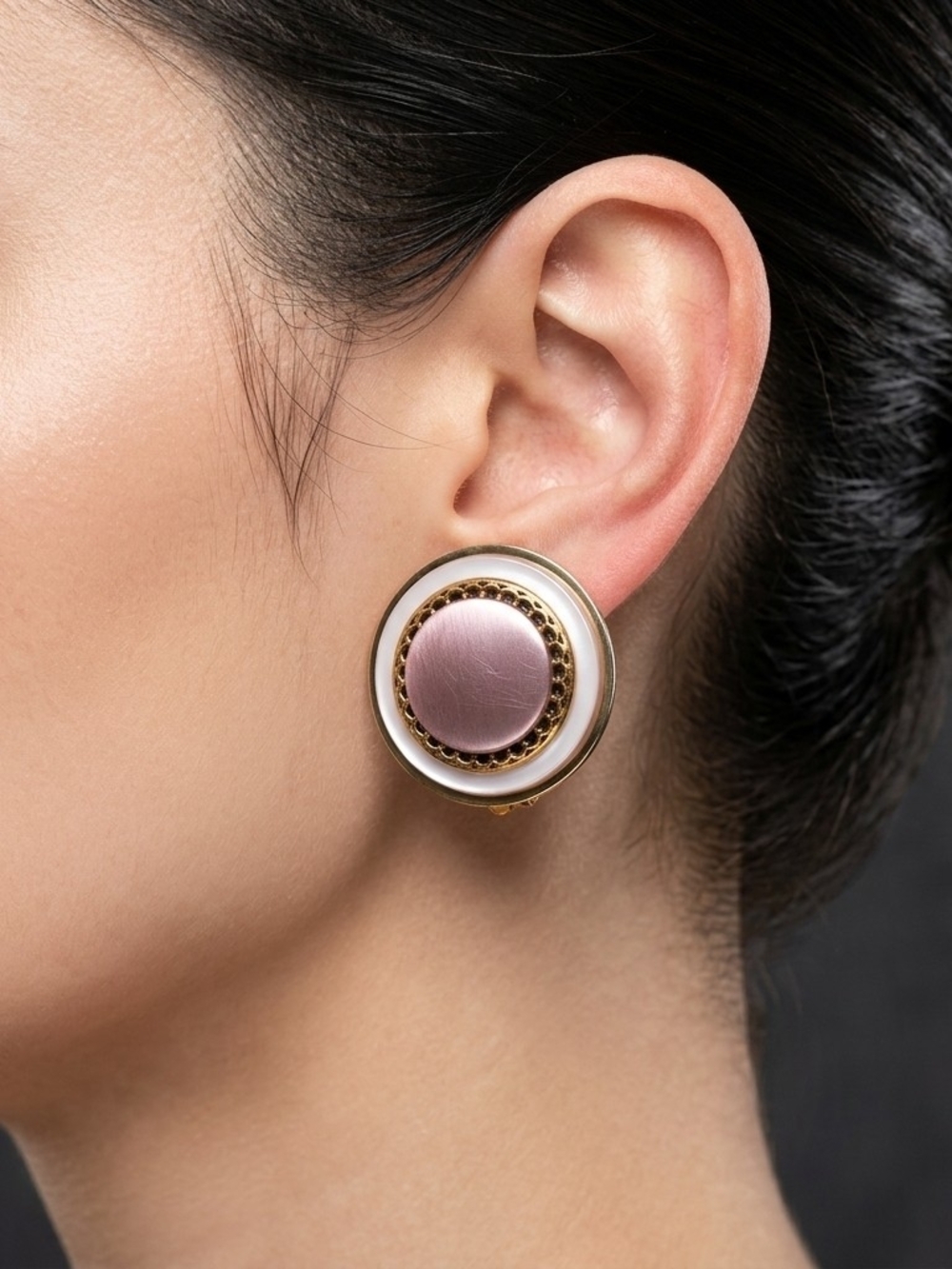Vintage Pink Moonglow Lucite Button Clip On Earrings Gold Tone 1.5”